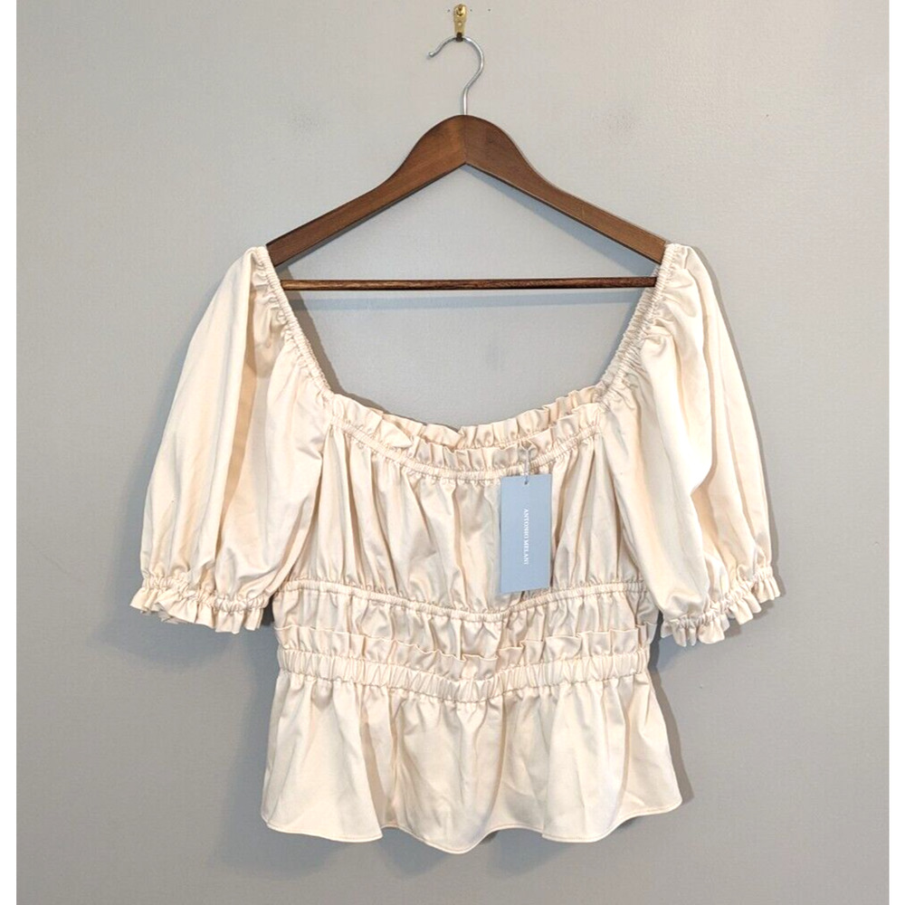 Antonio Melani Angel Sateen Short Sleeve Square Neck Smocked Waist Top NEW Sz L